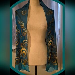 Teal & Gold Sheer Abstract Lightweight Scarf/Wrap 19" 64"
